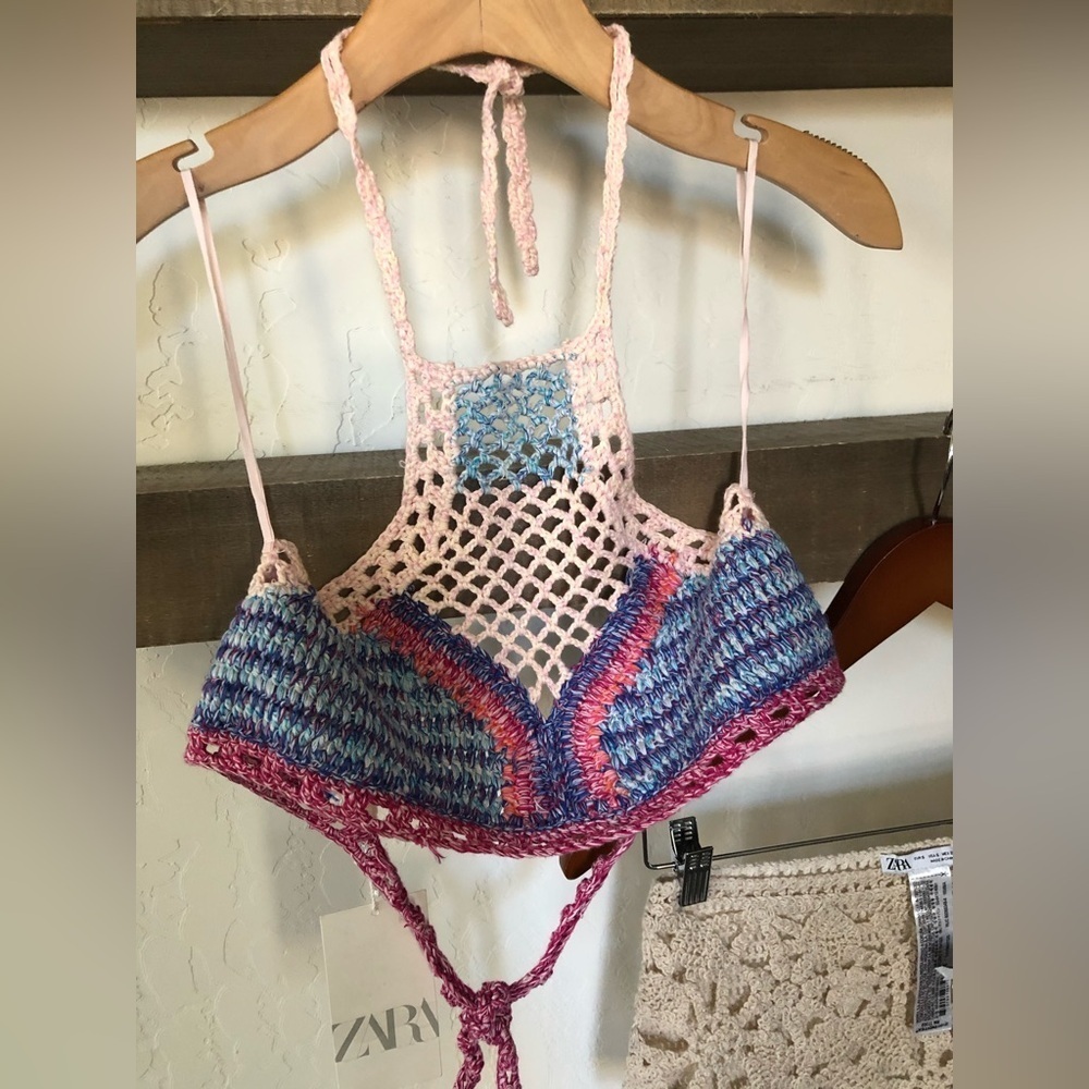 ZARA|Boho crotchet two piece bikini set in floral neutral tan & colorful top,NWT - Picture 7 of 16